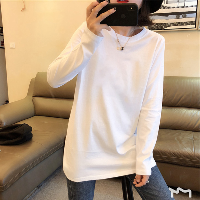 白色纯棉宽松长袖打底衫女内搭秋冬中长款纯色百搭内搭叠穿上衣潮