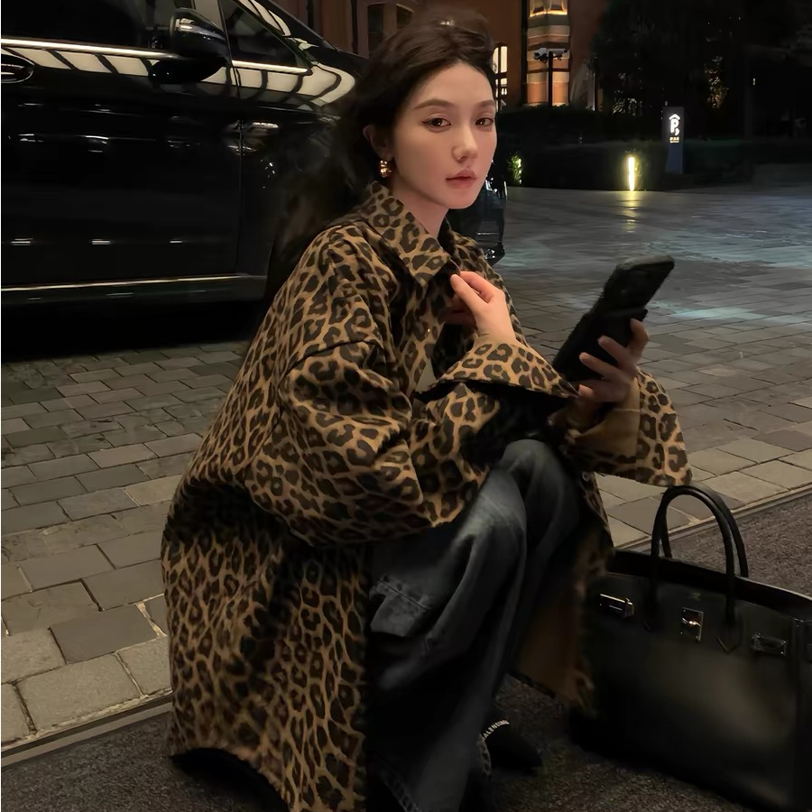 潮流雅痞髙街豹纹衬衫外套女春季美式复古百搭宽松显瘦休闲上衣