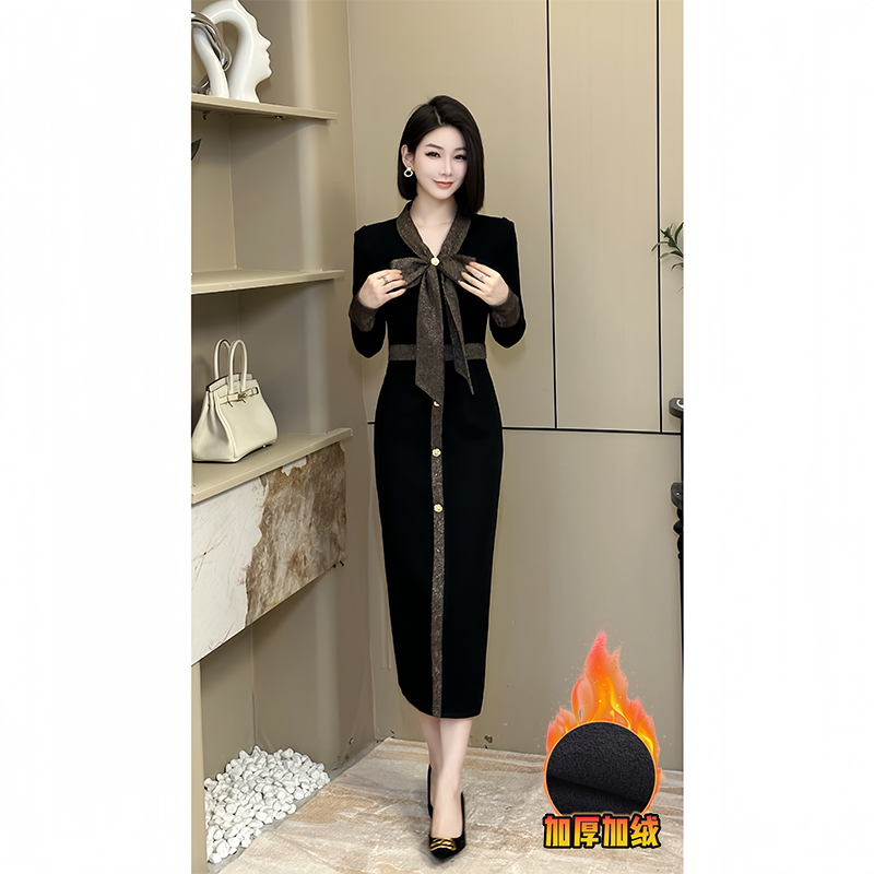 格娜【幽兰】时尚秋冬2024新款打底蝴蝶结优雅女人味高腰显瘦连衣裙