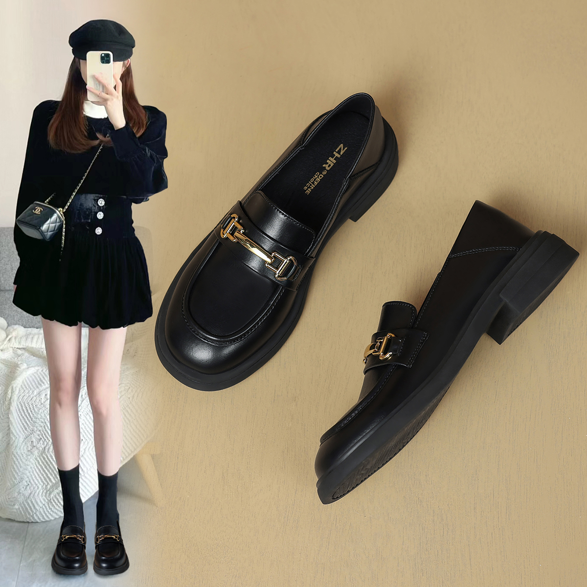 ZHR/则则单鞋女春秋季新品时尚潮流复古方头乐福鞋子软底圆头女鞋