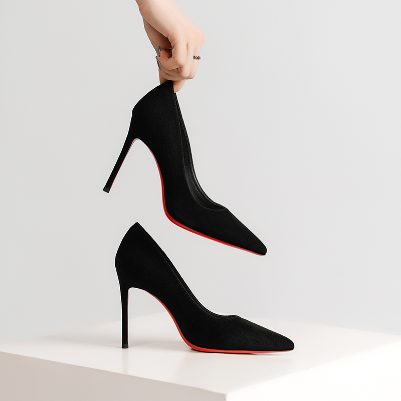 2026新款红底绒面黑色浅口高跟鞋女细跟时尚百搭细跟气质尖头单鞋