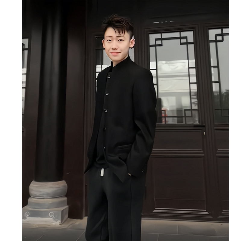 新式中山服男装男士痞帅纯黑中山装男青年立领休闲外套夹克春秋