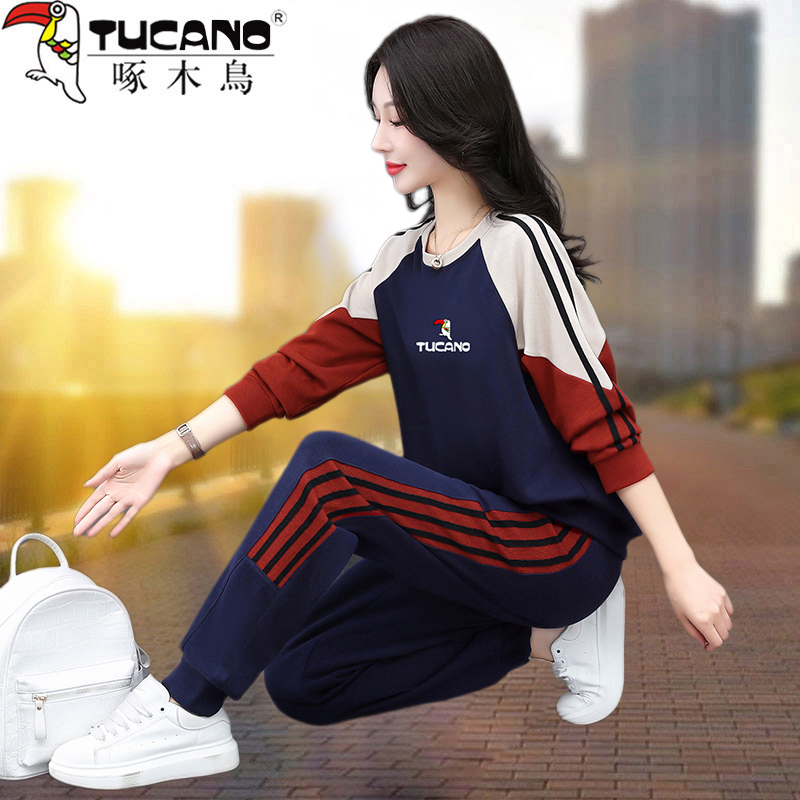 【官方正品】啄木鳥洋气时尚大码显瘦2024新款显瘦春秋季休闲两件套