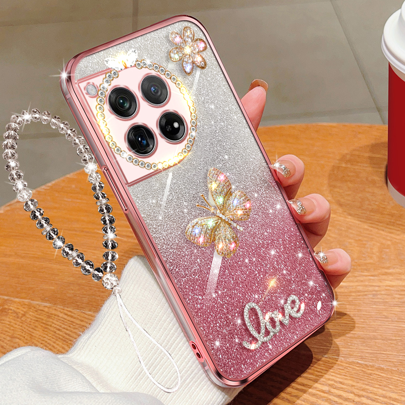 oneplus一加Ace3手机壳镶钻防摔PJE110保护套透明闪粉蝴蝶女款软