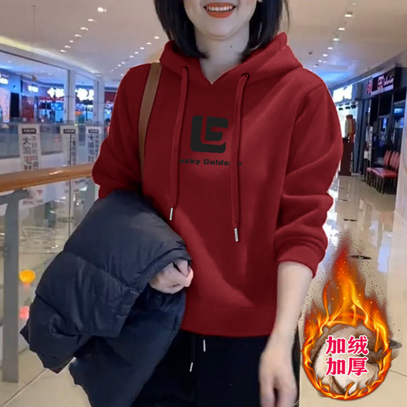 加厚新款加绒女士时尚休闲长袖洋气卫衣宽松通勤显瘦连帽外套上衣