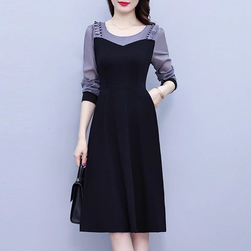 撞色拼接气质假两件修身大码女装胖mm阔太太长袖中年妈妈连衣裙