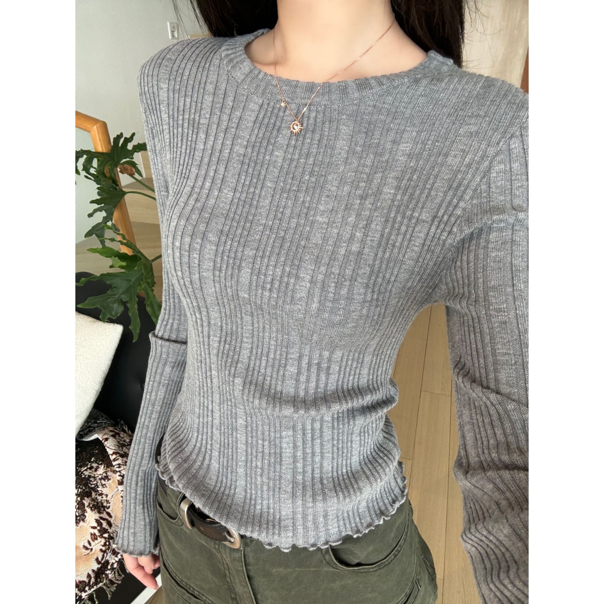 HHYB Hello简约纯色圆领长袖针织衫女2024秋季新款百搭上衣M533