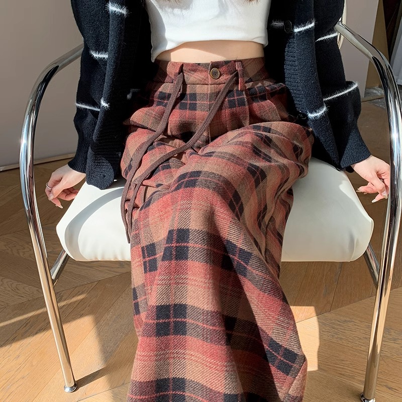 瘦版阔腿裤女春秋显瘦高腰复古宽松毛呢格子裤宽松时尚百搭休闲裤