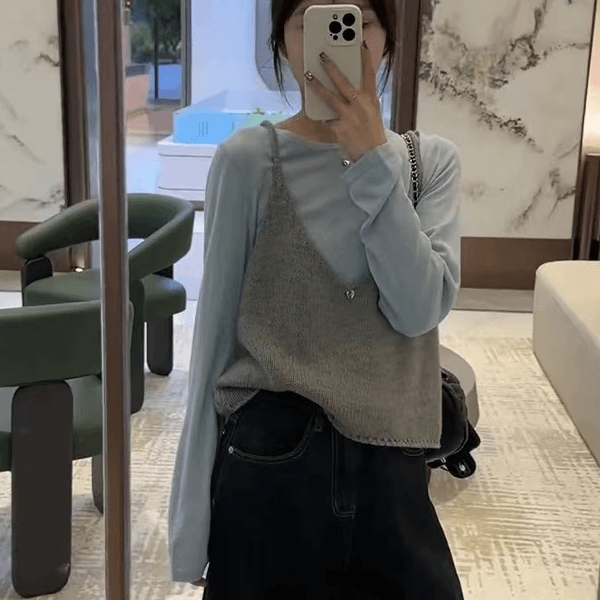 现货】2025秋季新款纯色打底小衫背心马甲叠穿两件套针织背心8101