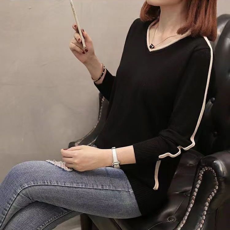 大码女装春秋季新款显瘦长袖V领宽松百搭秋冬洋气针织时尚打底衫