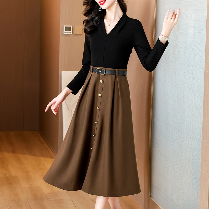 时尚假两件拼接连衣裙女春季新款优雅气质收腰显瘦V领气质长裙子