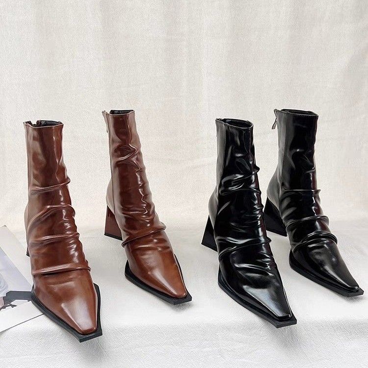 2025欧美尖头褶皱瘦瘦靴女秋季粗跟显瘦短靴后拉链裸靴高跟短筒靴