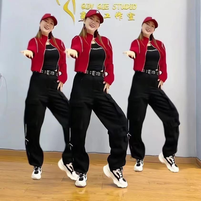 2024春秋新款曳步拉链百搭修身开衫外套飘带工装裤演出服运动