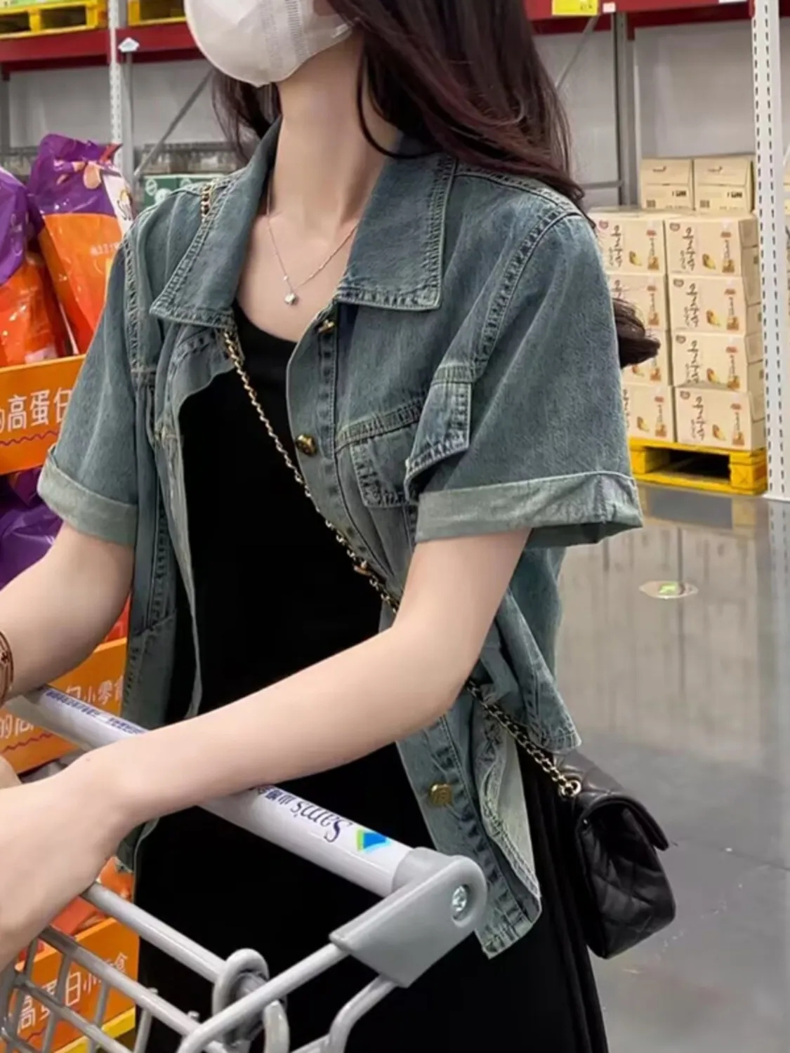 短款牛仔外套设计感小众女薄款复古小个子百搭POLO短袖上衣