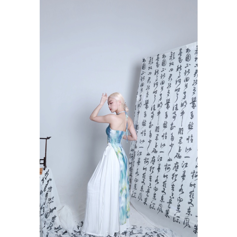 ROUR【至清】水蓝晕染前短后长挂脖清爽仙女裙古风中国风仙气飘逸