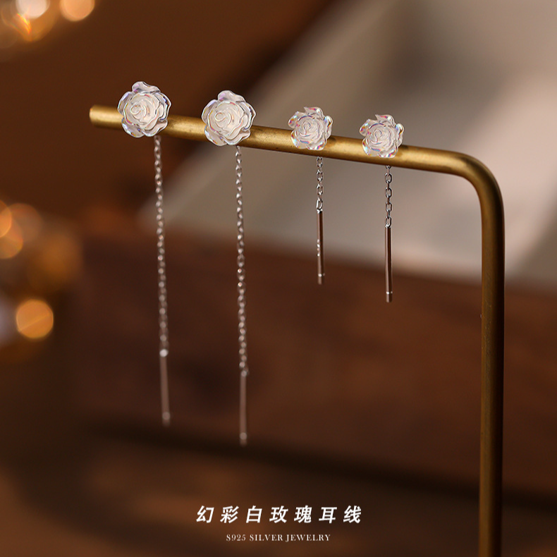 925银耳饰 纯银玫瑰耳线幻彩女百搭长款耳链短款养耳洞耳钉甜美