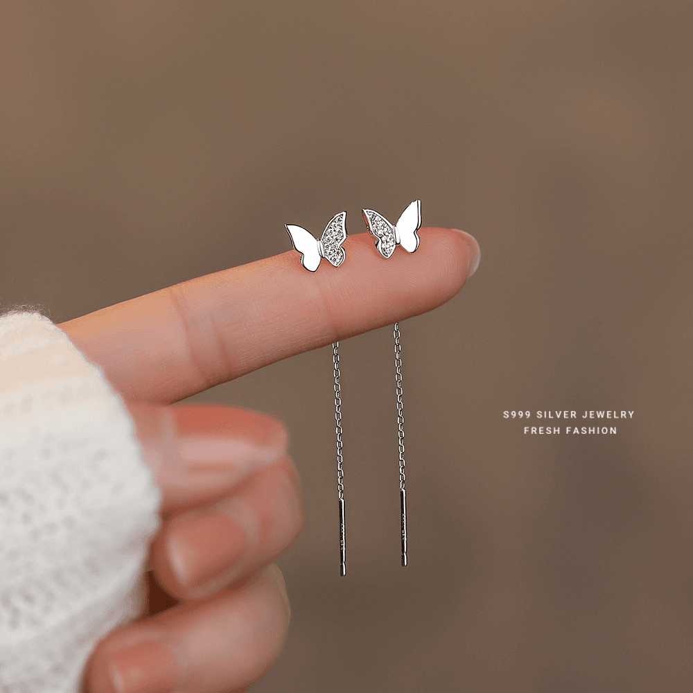 足银耳饰 S999足银清新蝴蝶耳线女ins新款小众设计感长款流苏耳坠