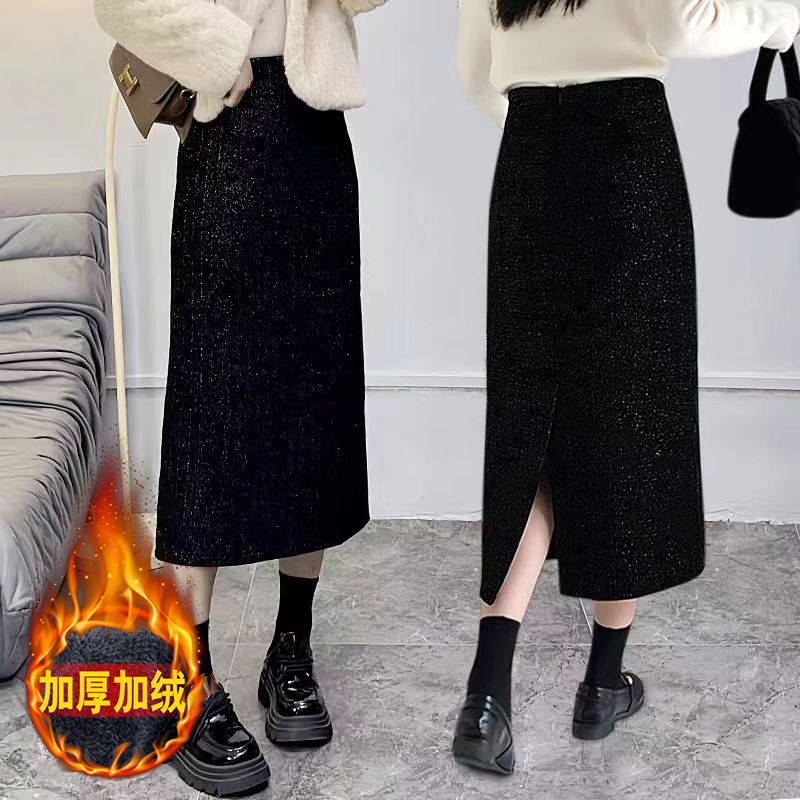 「星河璀璨」韩版财阀千金小香风秋冬高雅黑色设计后开叉显瘦半身裙