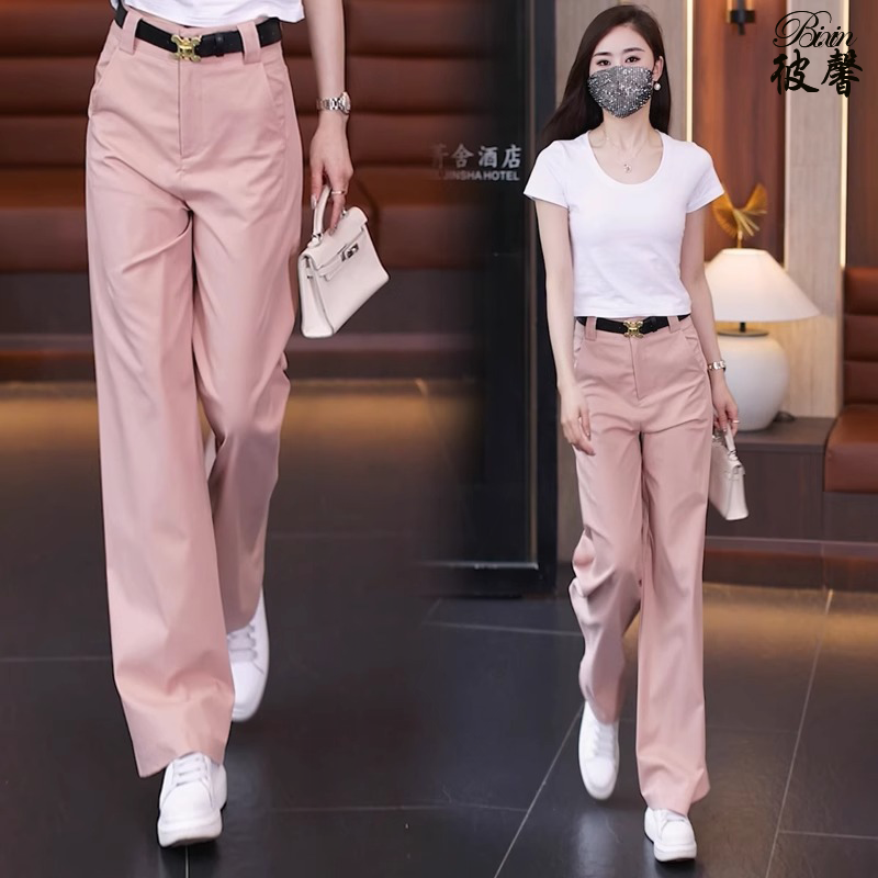 粉色天丝窄版阔腿裤女夏季薄款2024新款高腰显瘦休闲裤垂感直筒裤