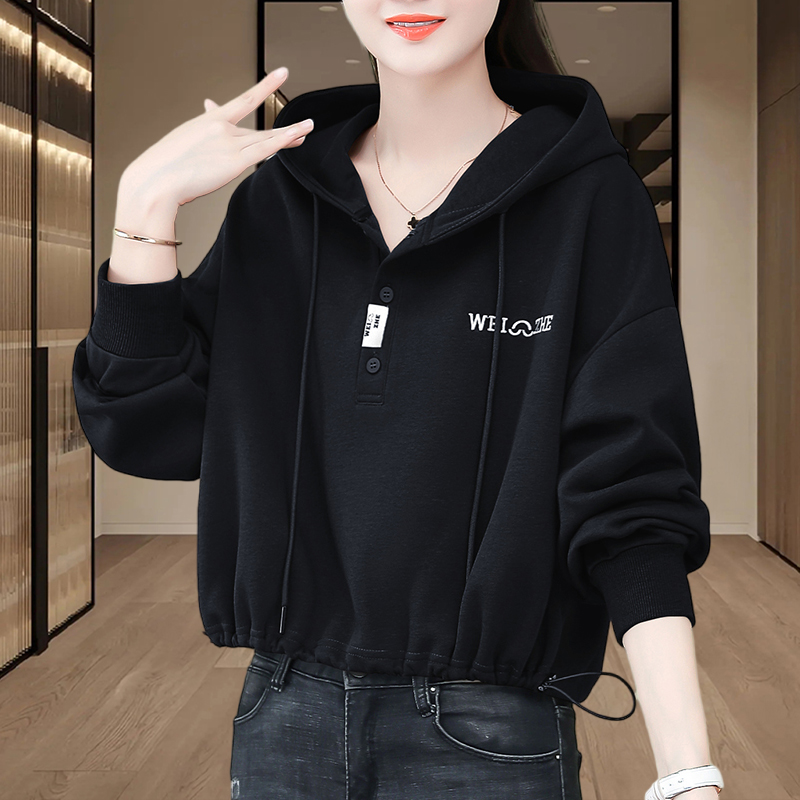 春秋女卫衣2025新款黑色百搭韩版宽松上衣小个子纯欲慵懒风女装