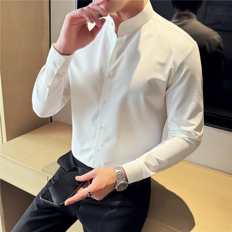 高级感轻奢长袖衬衫男商务休闲中华立领弹力无痕免烫中式国风衬衣