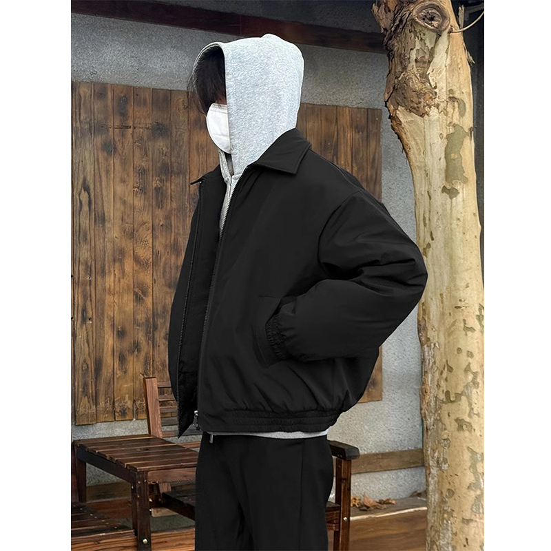 黑色短款飞行员夹克棉服男冬季美式夹棉外套cleanfit翻领廓形棉衣