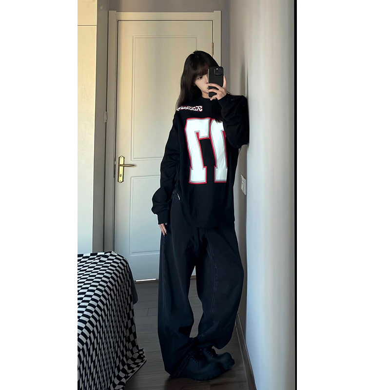 美式高街77号冰球服圆领卫衣男春秋款潮牌字母印花设计感长袖t恤