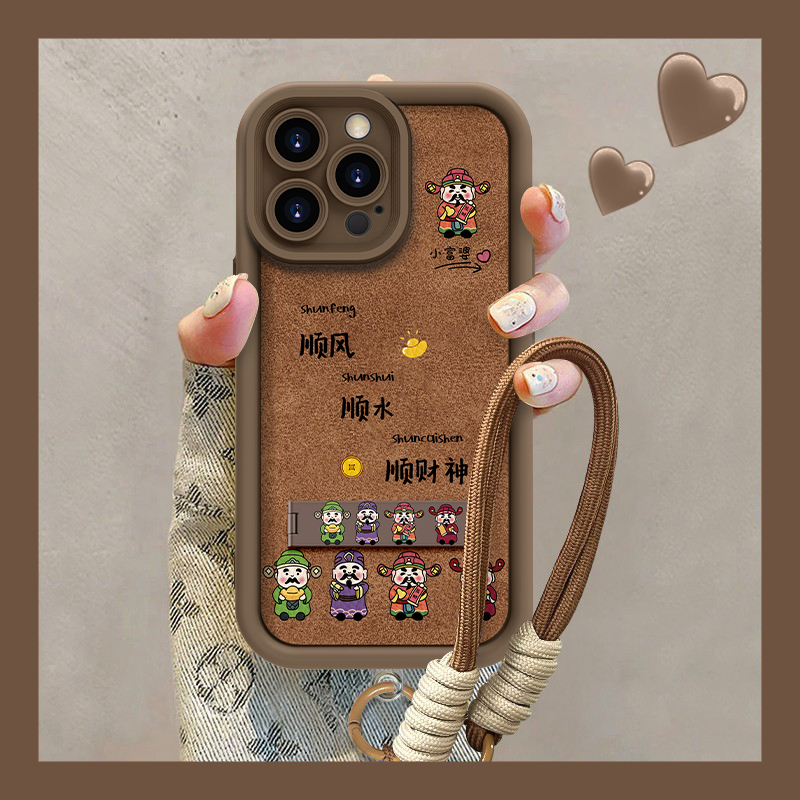 适用于苹果16简约财神手机壳oppo华为vivo国潮小羊皮松弛感流行新