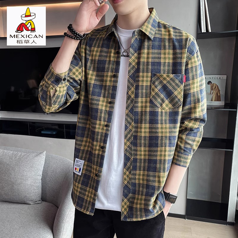 稻草人磨毛格子衬衫男士春秋季新款百搭长袖上衣秋装外套休闲衬衣