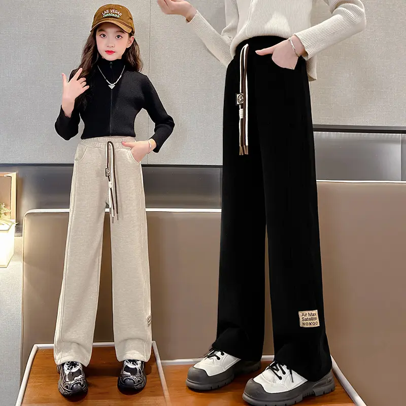 女童裤子2025秋冬加绒中大童窄版阔腿裤宽松垂感直筒裤儿童休闲裤