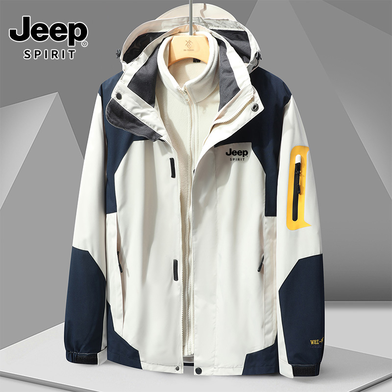 JEEP吉普男士冲锋衣秋冬潮牌加绒加厚外套户外防风保暖运动登山服