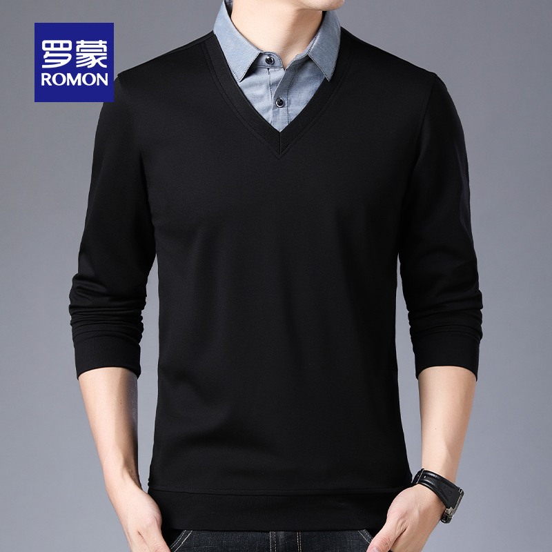 罗蒙春秋季新款男士衬衫领毛衣韩版潮流休闲衬衣假两件时尚针织衫