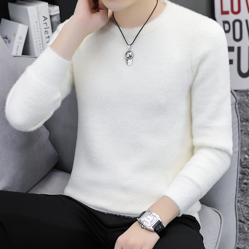毛衣男秋冬加绒加厚水貂绒圆领针织衫半高领领内搭毛绒打底衫线衣