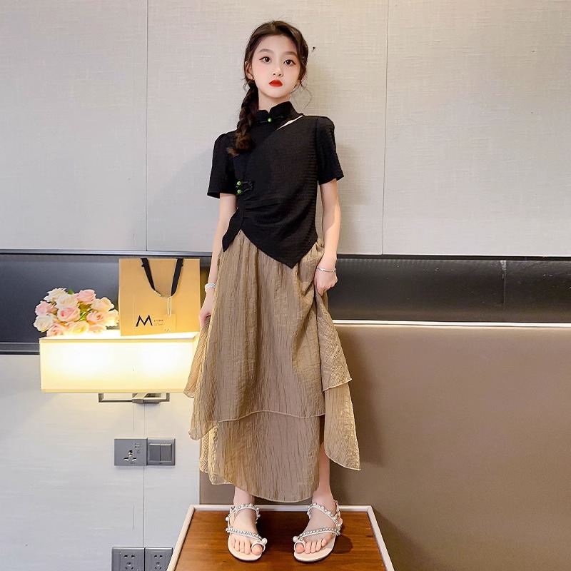女童中式套裙儿童夏装半身裙复古两件套洋气时髦民国汉服中大童潮