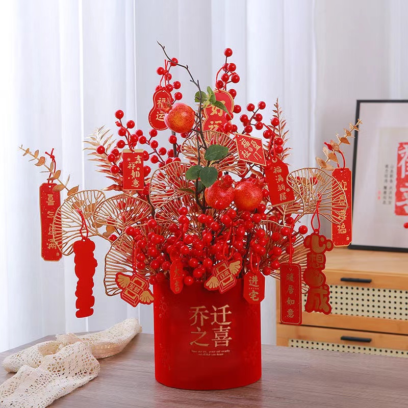 发财果结婚乔迁之喜新居客厅装饰摆件仿真花新婚礼物福桶插花搬家