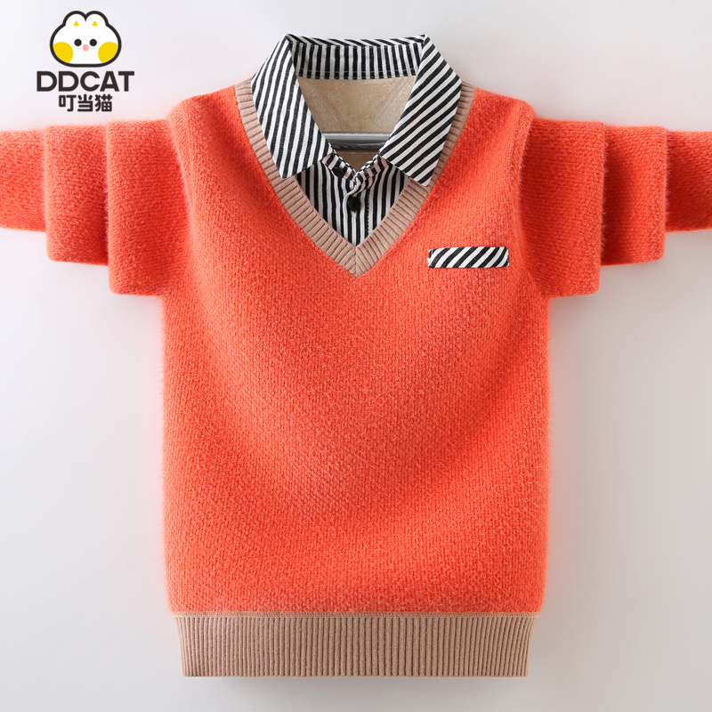 叮当猫男童毛衣假两件一体绒秋冬新款洋气中大童男孩保暖打底衫潮