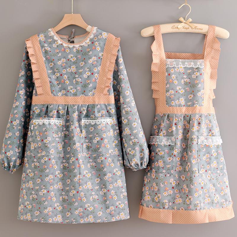 家用厨房长袖围裙帆布透气可爱防污做饭耐磨罩衣女新款大人工作服