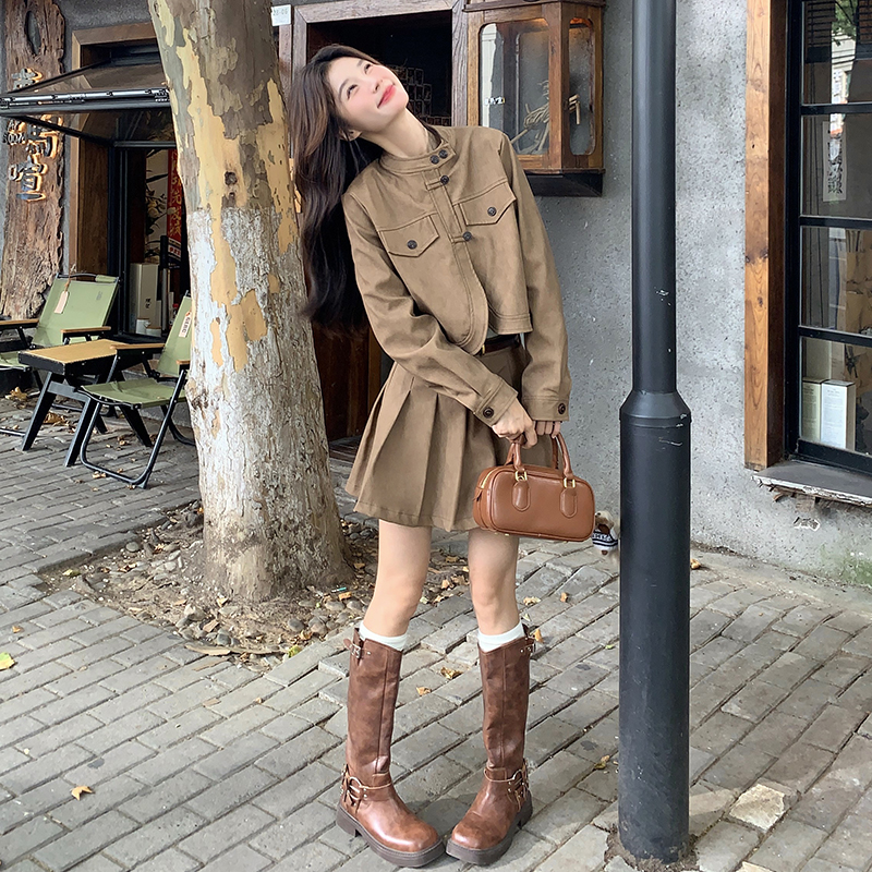 美拉德皮衣夹克百褶短裙两件套女春秋新款复古显瘦小个子时尚套装
