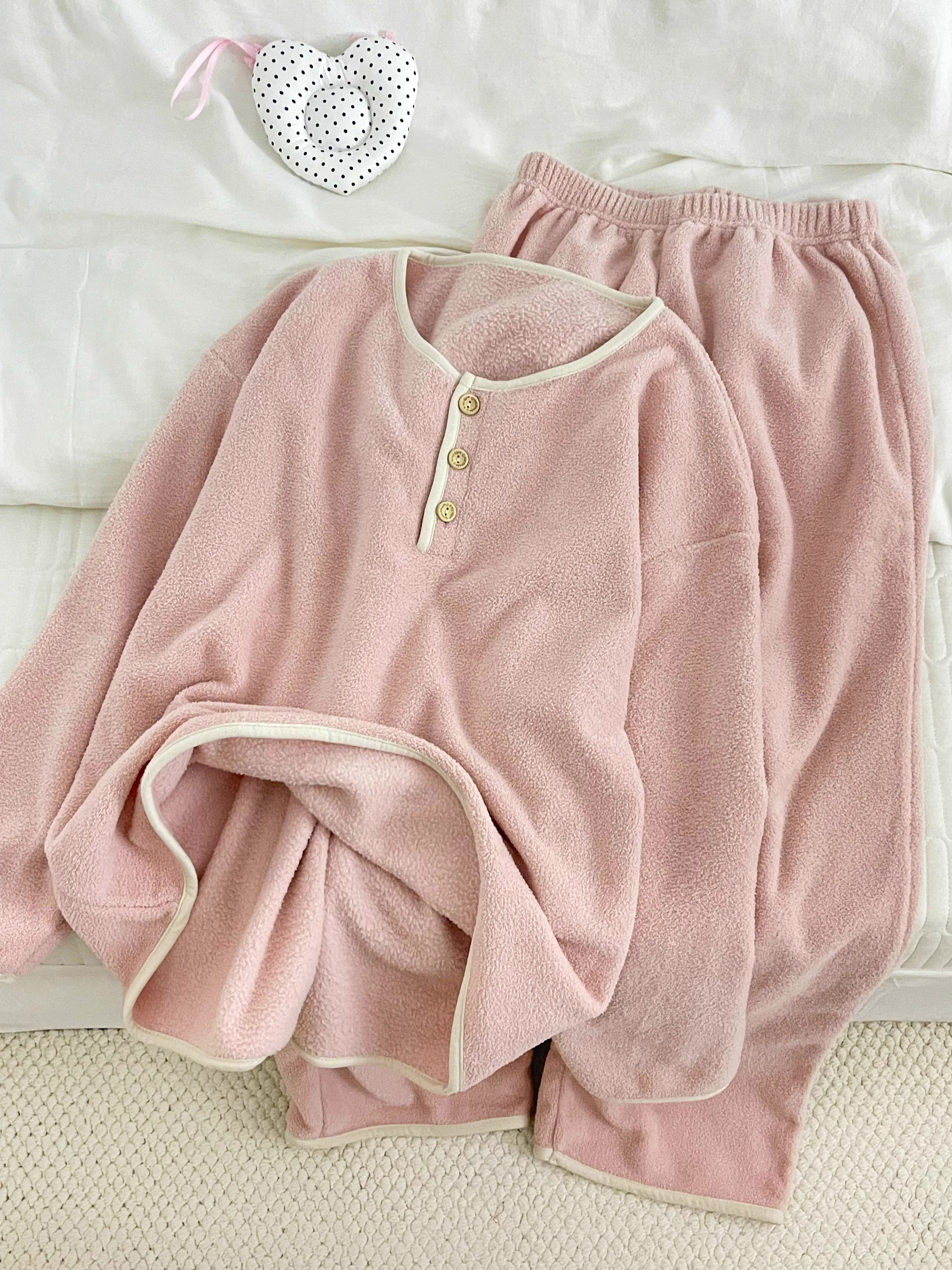 温柔风粉色套头睡衣女秋冬新款长裤加绒保暖家居服套装大码可外穿