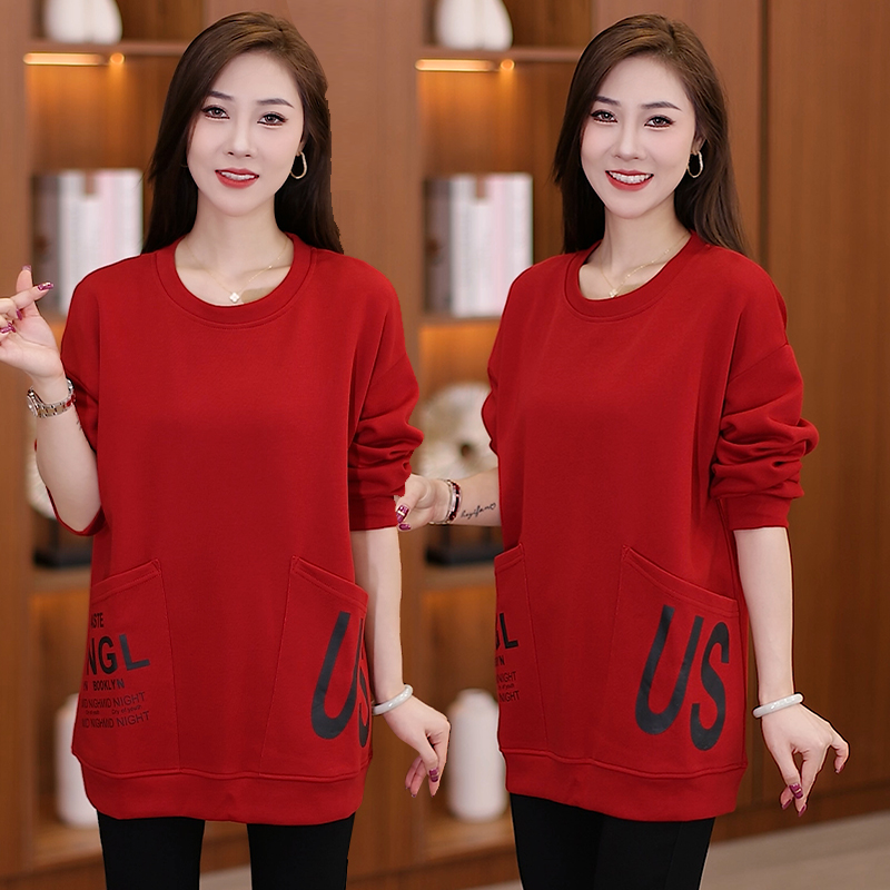 2025春季新款字母宽松洋气休闲百搭显瘦中长款两侧真口袋圆领卫衣