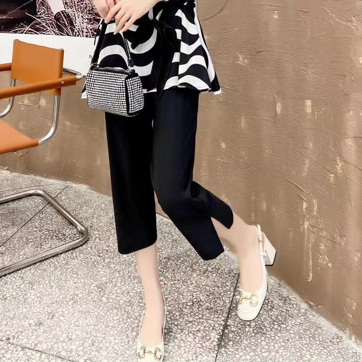 鲸鱼大码#夏季新款7分侧开叉面膜凉凉裤高腰冰丝速干休闲烟管裤女