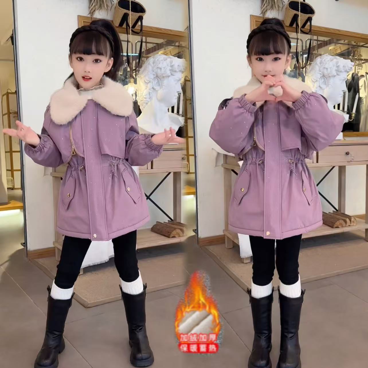 女童秋冬装加绒外套2024新款女宝宝冬季洋气派克服中长款加厚上衣