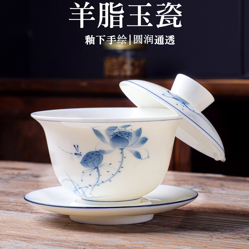 手绘悬停羊脂玉盖碗三才茶杯白瓷单个大号陶瓷茶碗泡茶专用茶具
