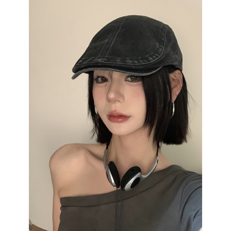 韩国ins小众设计感~水洗牛仔前进帽子女春夏做旧款复古辣妹报童帽