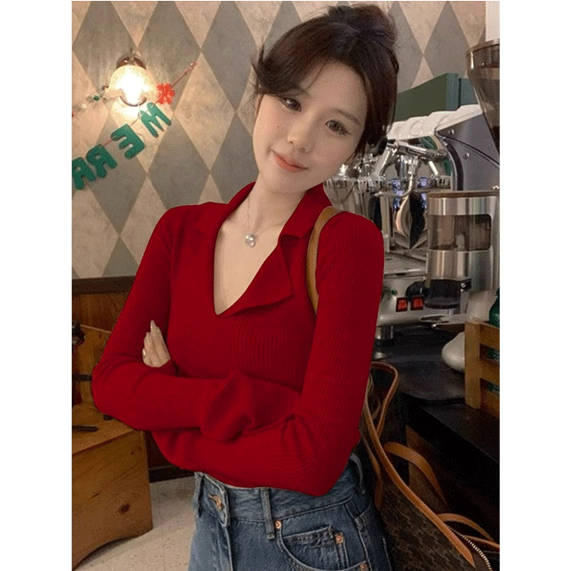 正肩v领内搭打底衫女秋冬修身显瘦长袖t恤上衣圣诞新年毛衣针织衫