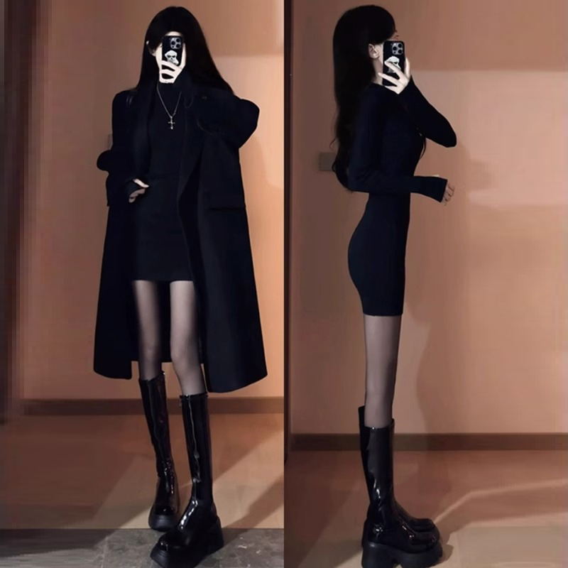 黑色包臀裙早秋大衣内搭连衣裙女御姐穿搭配整套加绒加厚套装裙子