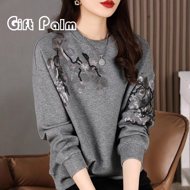GiftPalm春秋文艺长袖上衣女大码宽松百搭亮片卫衣胖MM时尚显瘦潮