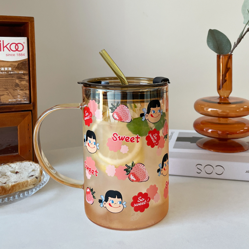 玻璃杯大容量喝水杯可爱吸管杯高硼硅耐热家用办公带盖泡茶杯子