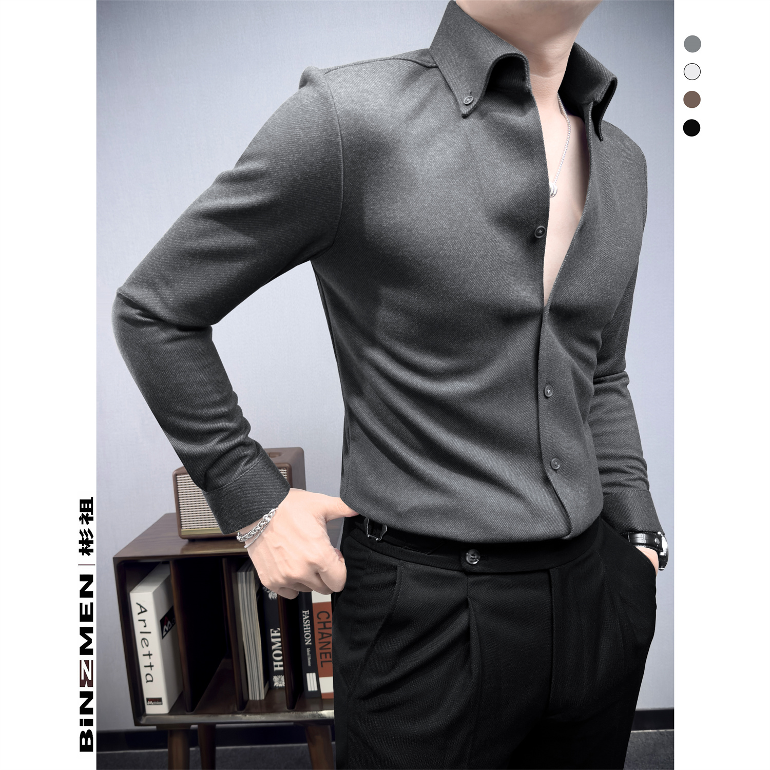 法式V领男士毛呢长袖衬衫修身休闲时尚潮流上衣秋冬款高级感内搭