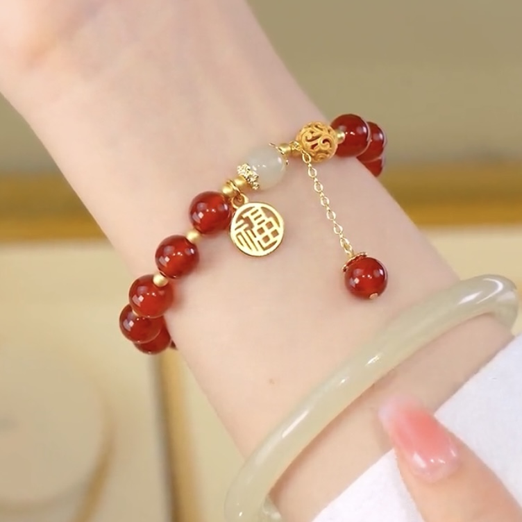 铜合金手链 福牌红色珠子新款送女朋友礼物小众设计流苏网红饰品